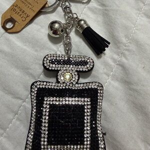 Rhinestone Perfume Bottle Keychain - Black & Silver